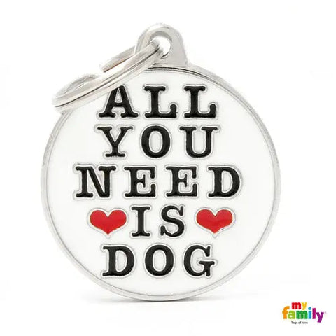 Navnetegn ALL YOU NEED IS DOG big 3,93x3,17 cm hvid/sølv